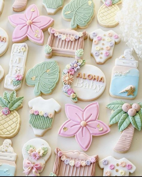 Surfer Baby Shower, Luau Cookies, Baby Shower Cake Designs, Hawaiian Baby Showers, Luau Baby Showers, Tropical Baby Shower, Luau Theme, Baby Shower Desserts