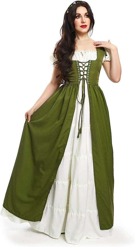 Amazon.com: Reminisce renaissance women dress medieval Irish Costume Chemise and Over Dress (S/M, Hunter Green) : Clothing, Shoes & Jewelry Faire Dress, Medieval Costume Women, Head Aesthetic, Irish Costume, Boho Costume, Irish Costumes, Dress Medieval, Irish Dress, Dress Feminine