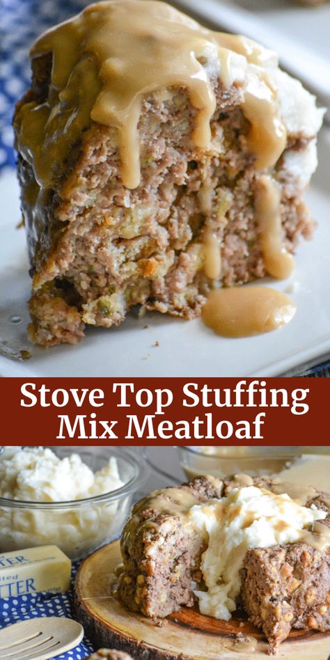 An easy meatloaf with a simple ingredient list, this Stove Top Stuffing Mix Meatloaf is the perfect dinner for busy nights. Served with creamy mashed potatoes and rich gravy, your family will never guess your secret to such a cozy meal. #meatloaf #meatloafrecipe #dinnerrecipe #dinner Stuffing Mix Meatloaf, Stove Top Stuffing Meatloaf, Stuffing Meatloaf, Stove Top Stuffing Mix, Stove Top Stuffing, Good Meatloaf Recipe, Beef Meals, Best Meatloaf, Easy Meatloaf