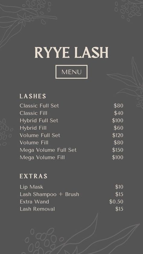 Eyelash Extensions Name Ideas, Eyelash Extension Price List, Lash And Hair Studio Ideas, Lashes Extensions Business, Lash Beginner Prices, Lash Lift And Tint Price List, Lash Prices List, Lash Extensions Notes, Lash Service Menu Ideas