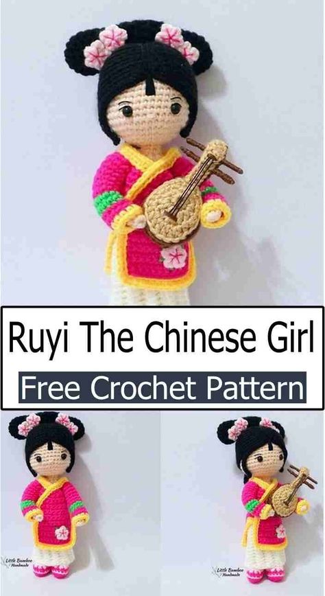 Crochet Chinese Doll Crochet Japanese Doll, Chinese New Year Crochet, Chinese Crochet, New Year Crochet, Kimono Pattern Free, Diy Crochet Hook, Baby Dress Diy, Amigurumi Keychain, Crochet Kimono