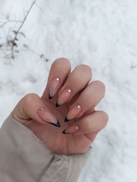 French Black Almond Nails, Matte Almond French Tip Nails, Black French Diamond Nails, Black Tip French Manicure Almond, Almond Black French Tip Nails With Rhinestones, Black French Tip Nails With Gems Almond, Black Reverse French Nails, Spanish Tips Nails, Black Tip Nails With Rhinestones