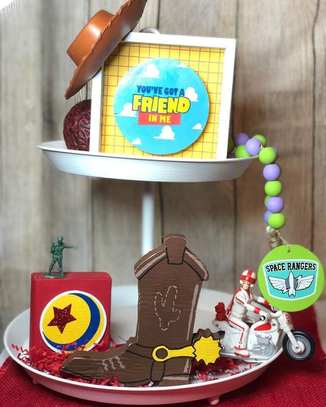 AuthenticLee Crafted on Instagram: “Reach for the Sky and buy this Toy Story ⭐️ inspired ⭐️ set!  This collection came out amazing!! Handmade and hand painted!!! . . Love it?…” Toy Story Kitchen Decor, Beauty And The Beast Tiered Tray, Disney Christmas Tiered Tray, Toy Story Painted Toy Chest, Tiered Tray Disney, Cake And Cupcake Stand, Tiered Tray Diy, Disney Home Decor, Disney Decor