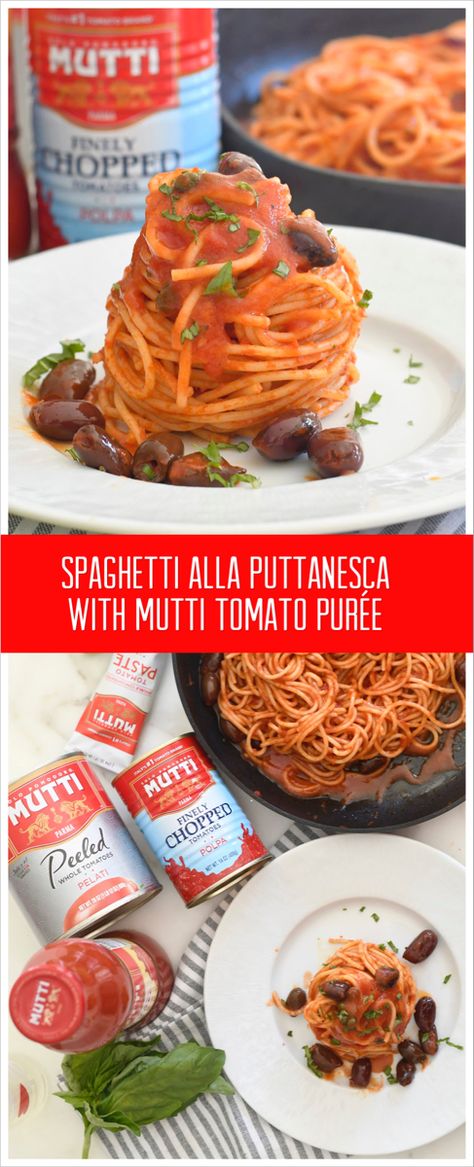 Mutti Tomato Puree Recipes, Tomato Puree Recipes, Olive Butter, Puree Recipes, Spaghetti Alla Puttanesca, Italian Tomatoes, Alla Puttanesca, Italian Spaghetti, Tomato Puree