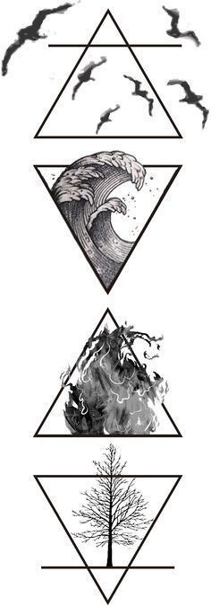 Triangle Element Tattoo, Fire Water Earth Air Aesthetic, Tattoo Ideas Elements, Water Aesthetic Tattoo, Cinder Tattoo, Earth Element Tattoo, Four Elements Tattoo, Tattoo Earth, Triangle Aesthetic