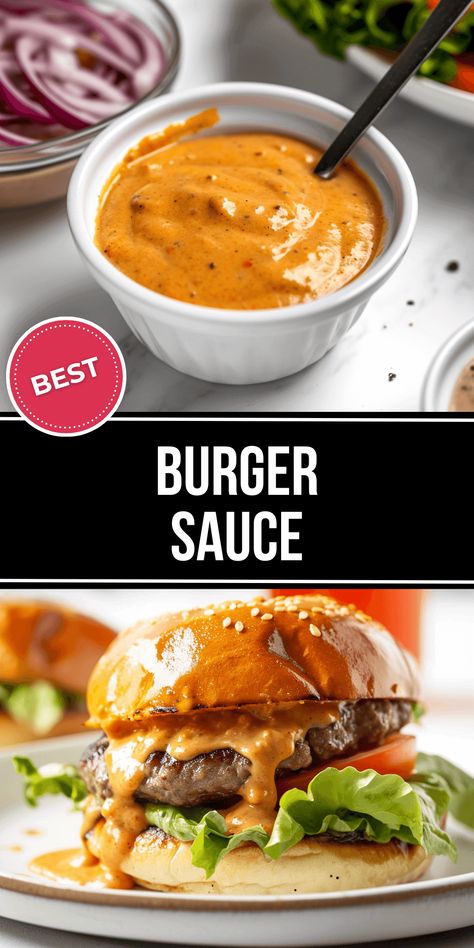 The Best Burger Sauce is tangy and delicious, and this one won't disappoint! Put it on your hamburgers for the full restaurant experience. Classic Burger Sauce, Sauce For Cheeseburgers, The Best Burger Sauce, Hamburgers In Sauce, Burger Recipes Sauce, Easy Burger Sauce Recipe, Bbq Burger Sauce, Best Sauce For Burgers, Dips That Go With Burgers