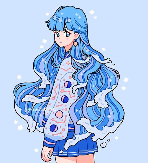 Fresh_bobatae Art, Stickers Bonitos, Waves Aesthetic, Water Hair, Anime Inspiration, Aesthetic Cartoon, Arte Do Kawaii, Vaporwave Art, Art Manga