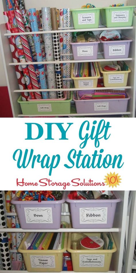 DIY gift wrap station made from an old toy organizer, for storing wrapping paper and other supplies {featured on Home Storage Solutions 101} #WrappingPaperStorage #GiftWrapStorage #HolidayOrganization (scheduled via http://www.tailwindapp.com?utm_source=pinterest&utm_medium=twpin) Gift Wrap Station, Craft Storage Diy, Gift Wrap Organization, Craft Storage Solutions, Craft Paper Storage, Gift Wrapping Station, Wrapping Paper Storage, Gift Wrap Storage, Wrapping Station