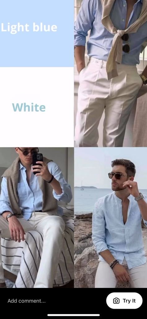 Combination Outfit, White Pants Men, Mens Shirt Color, Money Clothing, Guys Fashion Casual, Money Clothes, Stylish Mens Suits, Mens Smart Casual Outfits, Color Outfits