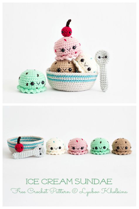 Crochet Ice Cream Amigurumi Free Patterns - DIY Magazine Crochet Ice Cream Sundae, Lego Crochet Pattern Free, Sellable Crochet Patterns, Amigurumi Food Free Pattern, Crochet Food Free Patterns, Amigurumi Ice Cream, Crocheted Food, Crochet Ice Cream, Amigurumi Food