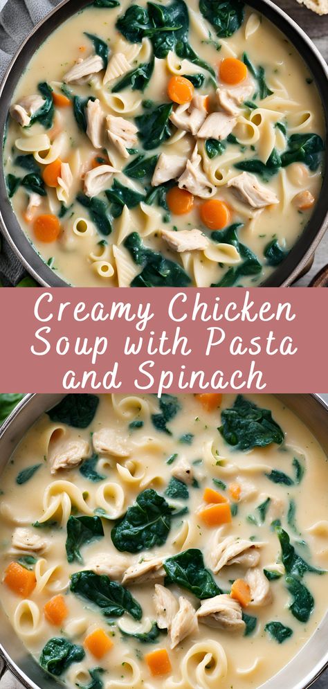 Creamy Chicken Soup with Pasta and Spinach Recipe | Cheff Recipes Creamy Chicken Soup With Pasta And Spinach, Creamy Chicken Noodle Soup With Spinach, Spinach Chicken Soup Recipes, Chicken Noodle Soup With Spinach, Chicken Soup Spinach, Creamy Chicken Spinach Soup, Chicken Soup With Spinach Recipes, J Alexanders Chicken Pasta Soup Recipe, Chicken Spinach Soup Recipes