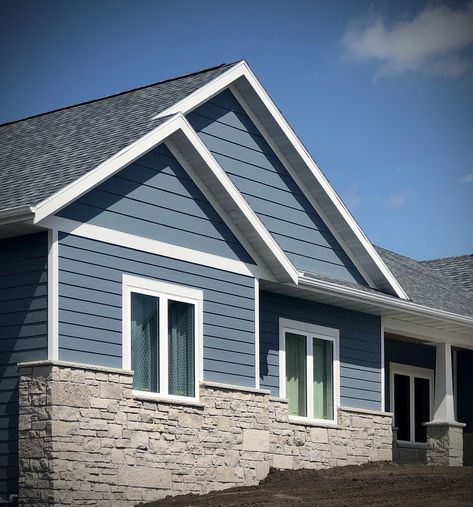 Stone Facade House Exterior With Siding, Blue Siding House With Stone, Stone Facade Design, Home Exterior Siding, Natural Stone Facade, Blue Siding House, Craftsman Home Exterior, Buechel Stone, Outside House Colors