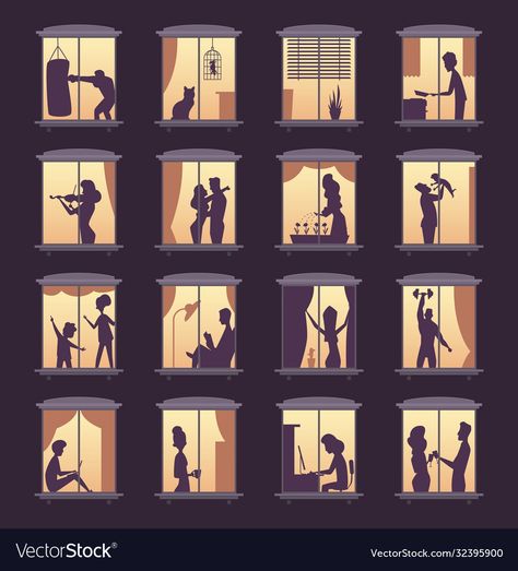 People In Windows Photography, Night Window Illustration, Night Time Illustration, Apartment Illustration, Window Silhouette, Night House, People Silhouette, Window Paintings, Building Windows