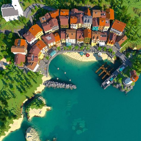 Minecraft Town Map Layout, Minecraft Beach Town Ideas, Waterfront House Minecraft, Minecraft Town Modern, Minecraft Spanish Town, Beach City Minecraft, Modern Village Minecraft, Minecraft Costal Village, Minecraft Italy Village