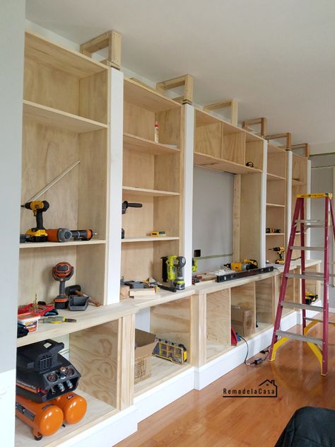 Wall Of Shelves, Bookcase Plans, Floor To Ceiling Bookshelves, Dining Room Shelves, Built In Entertainment Center, Office Built Ins, Built In Shelves Living Room, Diy Entertainment, Bookcase Diy