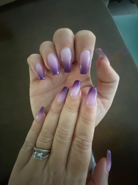 Purple ombre SNS nails. #sns #ombrenails #coffinnails Ombre Acrylic Nails Purple, Purple Ombre Acrylic Nails Coffin, Chrome Ambre Nails, Ombre Dark Purple Nails, Dark To Light Purple Ombre Nails, White And Purple Ombre Nails, Purple Sns Nails Designs, Dark Purple Nails Ombre, Sns Nails Ombre