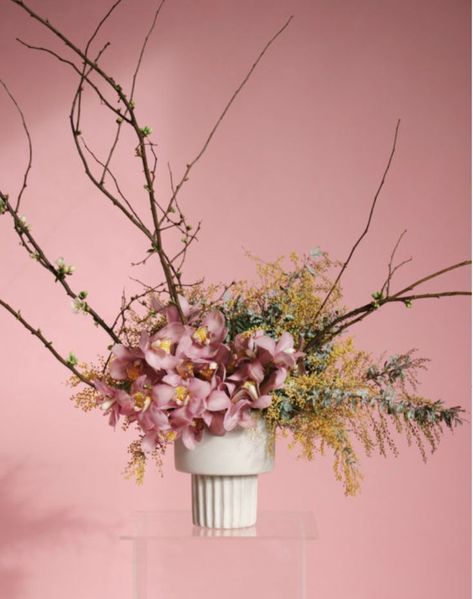 arrangement of wattle and blossoming branches encircling pink cymbidium orchids. Pink Cymbidium Orchids, Orchid Arrangements, Cymbidium Orchids, Ikebana, Color Themes, Floral Wedding, Orchids, Wild Flowers, Floral Design