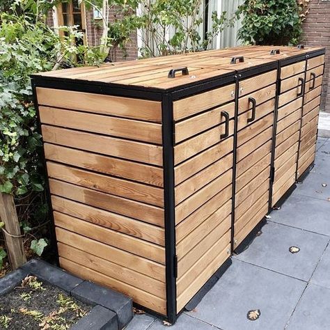 Bin Store Garden, Outdoor Garbage Storage, Trash Can Storage Outdoor, Hide Trash Cans, Garbage Shed, Bin Shed, Build A Shed, Garbage Storage, Outdoor Trash Cans