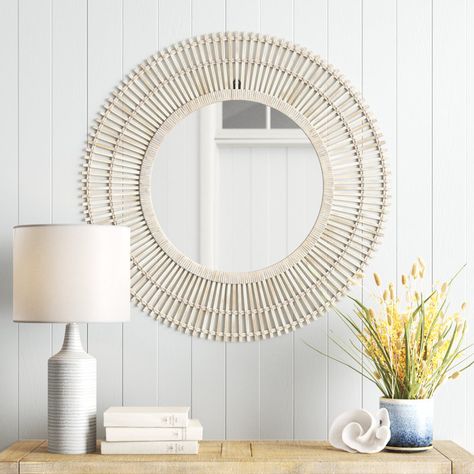 Sand & Stable Amesbury Round Wall Mirror & Reviews | Wayfair Focal Point Wall, Room Wall Mirror, Coastal Mirrors, Coastal Entryway, Distressed Walls, Wooden Mirror Frame, Entryway Mirror, Bamboo Wall, Wood Wall Mirror