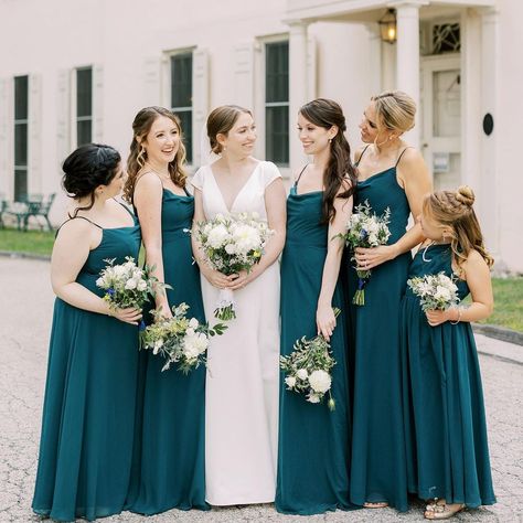 Caroline Morris Photography on Instagram: “Perfect green dresses to compliment the Strawberry Mansion in Philadelphia 🌿” Teal Bridesmaid Dresses Long, Dark Teal Bridesmaid Dresses, Strawberry Mansion, Peacock Blue Dress, Aqua Bridesmaid Dresses, Peacock Bridesmaid Dresses, Turquoise Bridesmaid, Turquoise Bridesmaid Dresses, Teal Bridesmaid Dresses