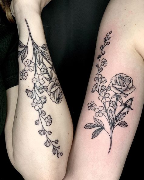 Tattoo Ideas Larkspur, Rose Larkspur Tattoo, Wildflower Rose Tattoo, Larkspur Black And White Tattoo, Larkspur And Rose Flower Tattoo, Larkspur Shoulder Tattoo, Rose And Larkspur Tattoo, Water Lily Larkspur Tattoo, Larkspur And Rose Tattoo