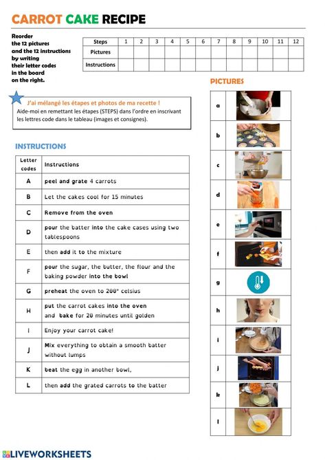 Food Vocabulary, Teacher Worksheets, Comprehension Worksheets, Carrot Cake Recipe, Reading Comprehension Worksheets, Food Writing, Teacher Printable, English Writing, Alphabet Worksheets