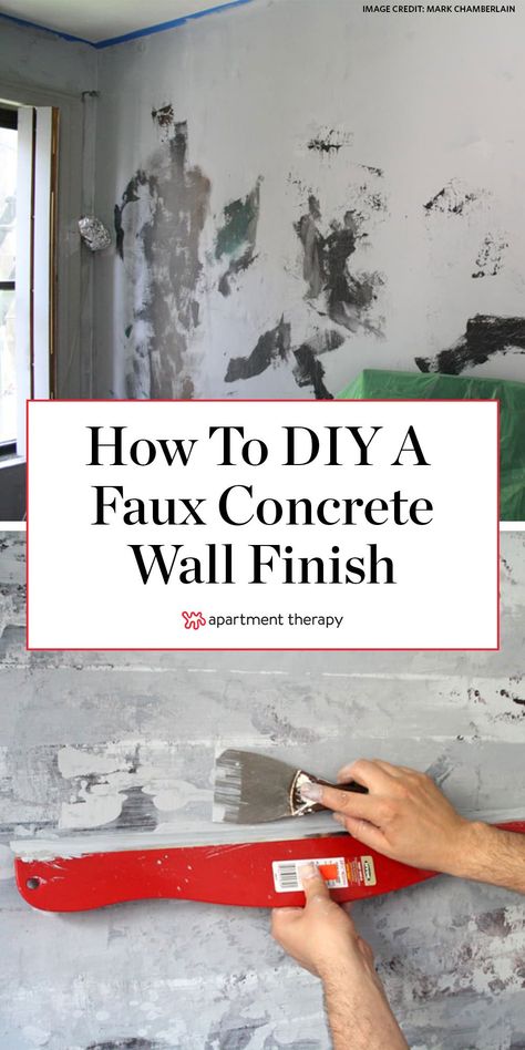 Here's how to DIY your own faux concrete wall finish, using only paint! #wallpaint #paintideas #livingroomideas #statementwall #fauxfinish #fauxconcrete #concretewall #industrialdecor #moderndecor #paintideas #texturedwall Fake Concrete Wall, Concrete Wall Finish, Diy Wall Painting Techniques, Concrete Walls Diy, Faux Finishes For Walls, Painting Concrete Walls, Glitter Accent Wall, Wash Walls, Faux Concrete Wall