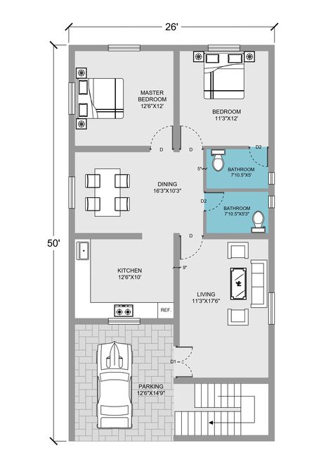 Architecture Plan With Dimensions, Banglow Plan Layout, 26×50 House Plan, Duplex House Plans 3 Bedroom, 2bhk Plan, 25×50 House Plan, 2 Bhk House Plan, Kochi Metro, Smart House Plans