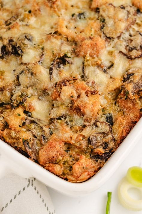 Mushroom and Leek Bread Pudding Leek And Mushroom Recipes, Mushroom And Leek Bread Pudding, Leek Bread Pudding, Leek Bread, Mushroom Bread Pudding, Savory Bread Pudding, Breaded Mushrooms, Savory Bread Puddings, Holiday Side Dish