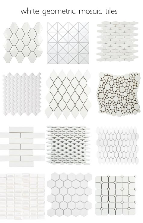 white-geometric-tiles - Many more patterns Trendy Kitchen Tile, Trendy Kitchen Backsplash, Backsplash Patterns, Mosaic Backsplash Kitchen, Geometric Mosaic, Tiles Ideas, White Subway Tiles, White Backsplash, Room Tiles