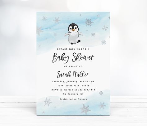 Winter Wonderland Baby Shower Invitation, Penguin Invitations, Penguin Baby Showers, Baby Shower Invitation Boy, Blue Penguin, Winter Penguin, Penguin Baby, Penguin Party, Winter Wonderland Baby Shower