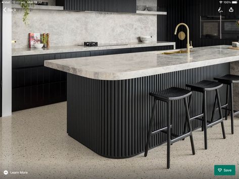 Fluted Kitchen Island, Kitchens 2022, Fluted Kitchen, Dispensary Design, Round Island, Curved Kitchen, Kitchen Diner Extension, Home Wet Bar, Timber Kitchen