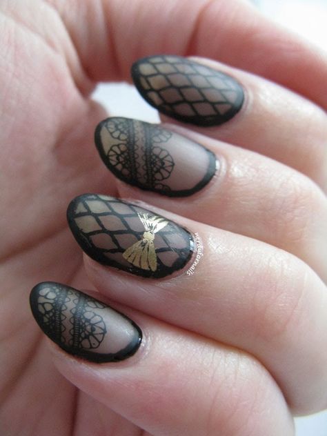 Sheer Black Lace Stamping with Gold Bow and Borders Black Lace French Tip Nails, Lace Nails Black, Pink And Black Lace Nails, Fishnet Nails, Lace Stamped Nails, Stamped Nails, Black Gold Nails, Sheer Nails, Lace Nails