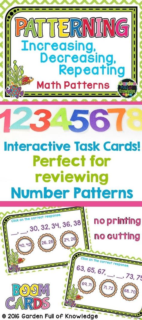 These interactive task cards are perfect for reviewing number patterns with your grades 1's, grades 2's, and grades 3's.  Students complete the engaging task cards on their handheld devices or on the computer.  Students read and review increasing, decreas Increasing Patterns Grade 3, Grade 3 Number Pattern Activities, Number Pattern Activities Grade 1, Number Patterns Grade 2, Number Pattern Activities, Growing Patterns, Patterning Activities, Teaching Patterns, Math Sort