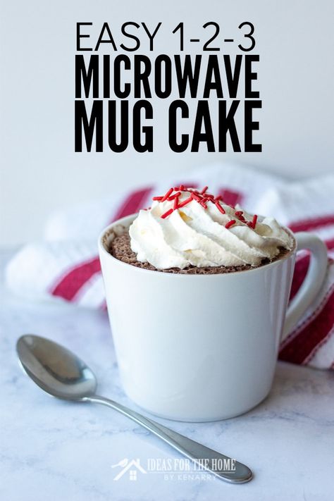 Need to satisfy your sweet tooth? Try this easy 1-2-3 Mug Cake, a single-serving warm dessert, you just microwave in a cup for a minute. It's delicious, quick and uses cake mix! #cakerecipe #chocolatecake #kenarry #ideasforthehome 1 2 3 Mug Cake Recipes, 3 2 1 Cake In A Mug, Weight Watchers 3 2 1 Mug Cake, Cupcake In A Cup Microwave, Cake Mix In A Cup Microwave, Easy Cake In A Cup Recipe, Single Serve Cake In A Cup, 1 2 3 Cake In A Cup, 321 Cake In A Mug