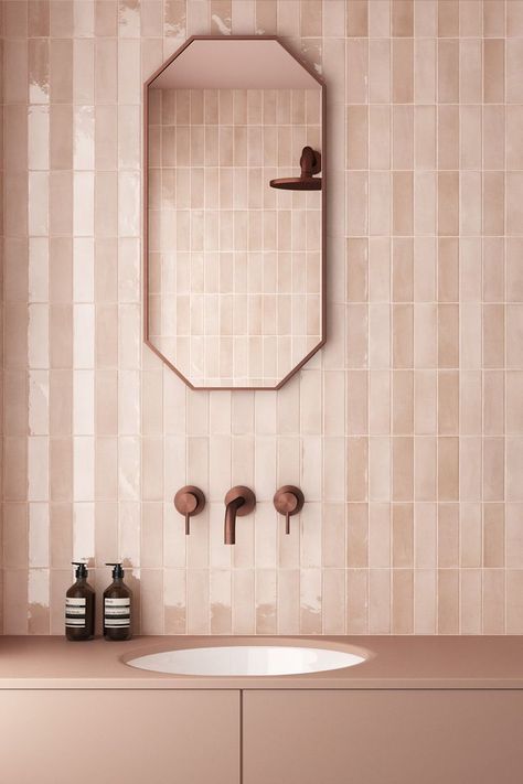 Matt And Gloss Tiles Together, Pink Zellige Bathroom, Bathroom Matte Tiles, Peach Pink Bathroom, Bathroom Tiles Pink, Pink Metro Tiles Bathroom, Neutral Pink Bathroom, Big Tile Bathroom, Blush Bathroom Ideas