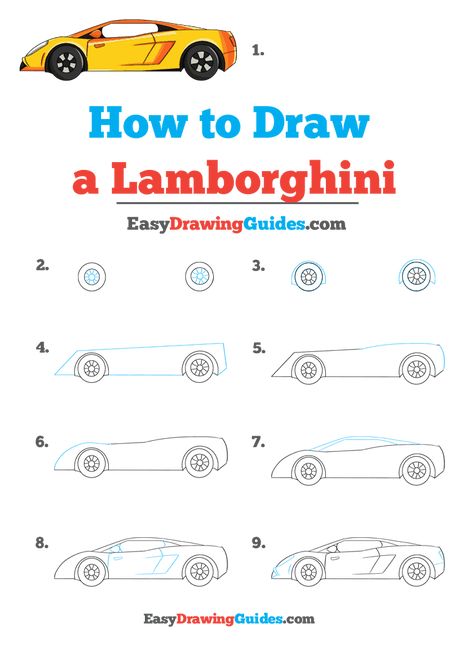 How to Draw a Lamborghini - Really Easy Drawing Tutorial Drawing Cars Step By Step, Easy Car Drawing Step By Step, How To Draw A Lamborghini, How To Draw Cars Step By Step, How To Draw Vehicles, How To Draw A Car Step By Step, Car Drawing For Kids, Lamborghini Drawing, Lamborghini Art