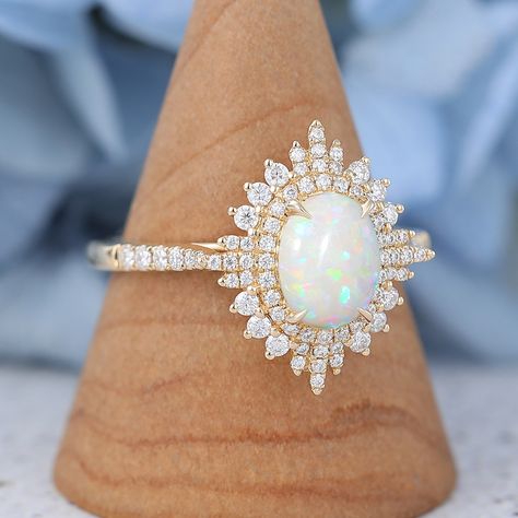 vintage Natural Opal engagement rings vintage gold art deco Opal Diamond Halo Ring Unique women wedding Half eternity bridal ring Luxury Fine Jewelry Opal Ring With Halo Setting, Luxury Unique Yellow Gold Opal Ring, Luxury Gold Opal Ring With Diamond Accents, Opal Emerald Ring, Opal And Diamond Engagement Rings, Engagement Rings Vintage Gold, Antique Opal Ring, Opal Wedding Ring Set, Fire Opal Engagement Ring