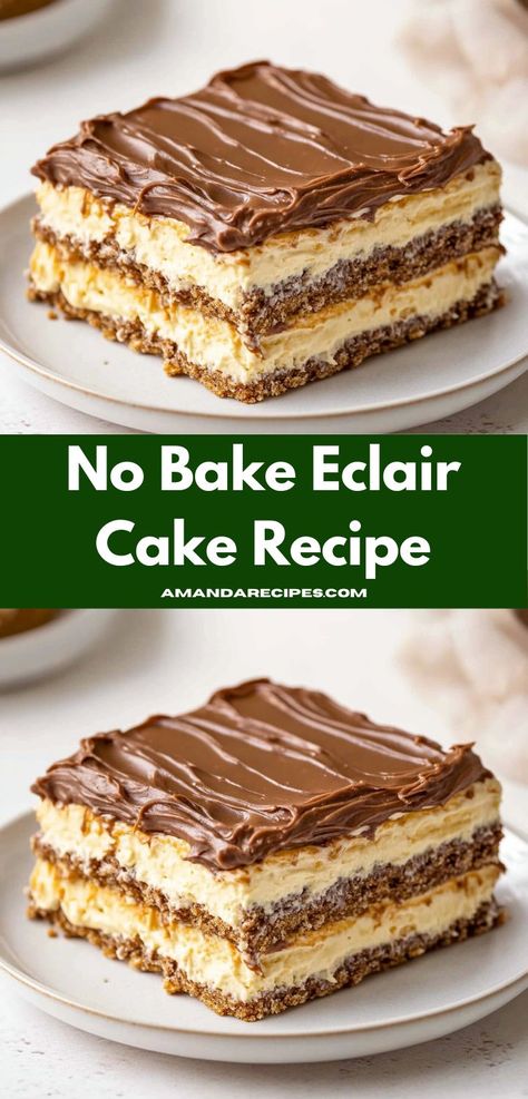 No Bake Eclair, Chocolate Frosting Easy, Eclair Cake Recipe, Graham Cake, Chocolate Eclair Dessert, Unique Recipes Desserts, No Bake Eclair Cake, Eclairs Dessert, Eclair Cake Recipes