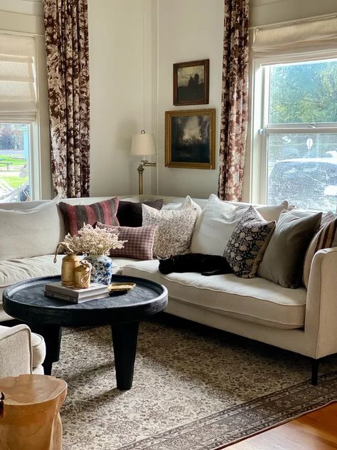 Window Behind Sectional, Corner Sofa In Front Of Window, Off Center Window Behind Couch, Light Behind Corner Sectional Couch, Couch Corner Decor, Art Over Sectional Sofa, Corner Behind Sectional Decorating, Sectional Against Window, Sectional In Corner Of Living Room