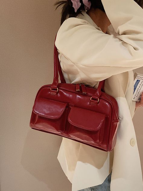 Burgundy Fashionable Collar  PU Leather Plain Dome Bag Embellished   Women Bags Red Bags Aesthetic, Red Bags Outfit, Red Bag Outfit Aesthetic, Dark Red Bag Outfit, Red Bag Outfit Casual, Cherry Red Bag, Red Leather Bag Outfit, Red Purse Aesthetic, Red Handbag Outfit