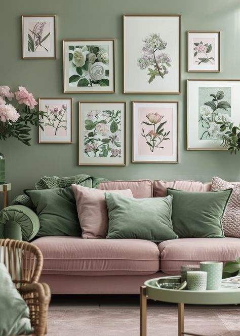 Green And Pink Office Decor, Green And Pink House Decor, Sage Green Apartment Decor, Green And Pink Salon, Pink And Green House Decor, Sage And Pink Living Room, Pink And Green Home Decor, Green And Pink Apartment, Pink And Green Interior Design