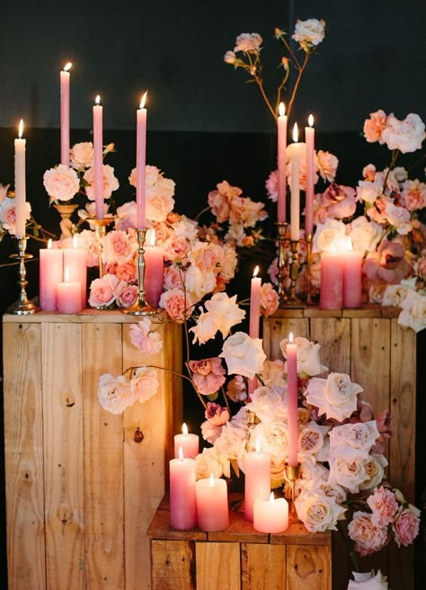 Pink Flowers Aesthetic Wedding, Modern Pink Flower Arrangements, Pink Candles Table Decor, Pink Cocktail Party Decorations, Pink Wedding Ceremony Decor, Pink Winter Wedding Theme, Red And Pink Decor, Pink Candles Wedding, Glam Wedding Flowers