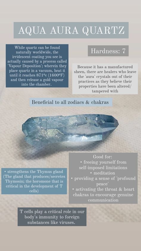 Crystals Healing Grids, Crystal Healing Chart, Quartz Properties, Aqua Aura Quartz, Aqua Aura, Crystals Healing Properties, Spiritual Crystals, Herbal Magic, Crystal Therapy