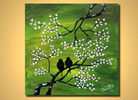 LOVE BIRDS Painting Landscape Modern, Lovebird wall art, ORIGINAL Lovebirds Art Green White Birds on a tree Huge on canvas. Description from pinterest.com. I searched for this on bing.com/images Lovebirds Art, Love Birds Painting, Cherry Blossom Painting, Creation Art, Chalk Pastels, Tree Drawing, Birds Painting, Tree Art, Tree Painting