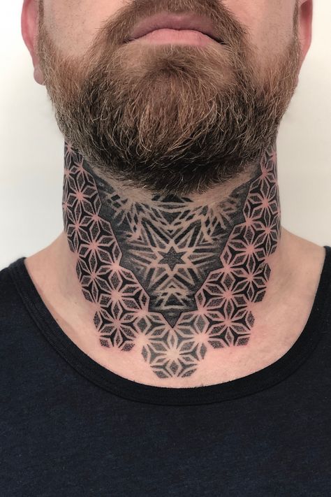 Pattern Neck Tattoo, Neck Tattoo Geometric, Geometric Throat Tattoo, Neck And Throat Tattoos Men, Mandala Tattoo Neck, Word Neck Tattoos, Neck Tattoo Men, Dotwork Tattoo Mandala, Front Neck Tattoo