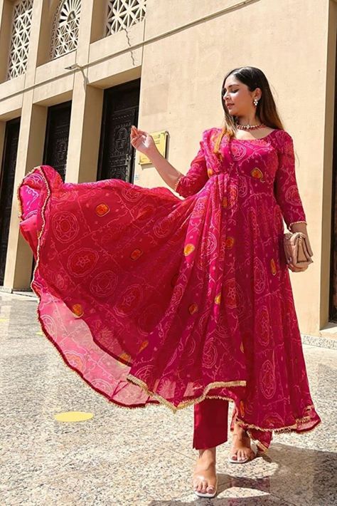 GoSriKi Women's Georgette Bandhini Printed Anarkali Kurta 
to brighten up your wardrobe
:) Stunning Amazon finds Bandhni Print Dress, Bandhni Anarkali Suits, Bandhani Anarkali Suits, Bandhani Kurta Designs Women, Bandhni Suits Design, Bandhni Prints, Bandhani Anarkali Dress, Rajasthani Kurti, Bandhani Dress Party Wear