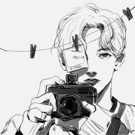 Man With Camera Drawing, Camera Man Photographers, Holding A Camera Reference, Man Holding Camera, Camera Drawing Sketches, Camera Reference, Camera Sketch, Headphones Drawing, Mirror Drawings