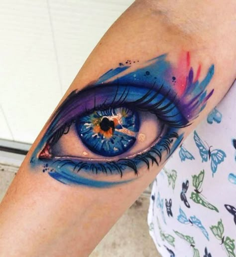 02 Eye Color Tattoo Realistic Eye Tattoo, Watercolour Tattoos, Eyeball Tattoo, Petit Tattoo, Watercolor Eyes, Blue Tattoo, Geniale Tattoos, Tattoo Artwork, Tatuaje A Color