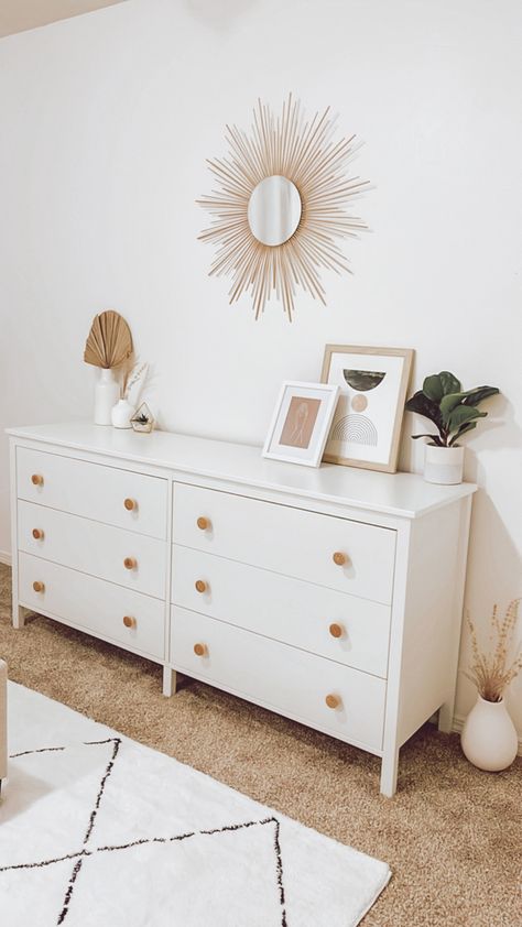 #ikeadresser #rattanknobs #boho White Room Dresser, Koppang Dresser Bedroom, White Boho Dresser, White And Gold Boho Bedroom, White Dresser Hardware, Ikea Koppang Dresser Nursery, Minimal Dresser Decor, Koppang Dresser Nursery, Koppang Ikea